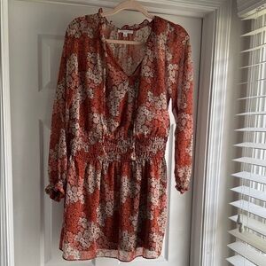 Socialite- Rust Floral Long Sleeve Smocked Waist Mini Dress